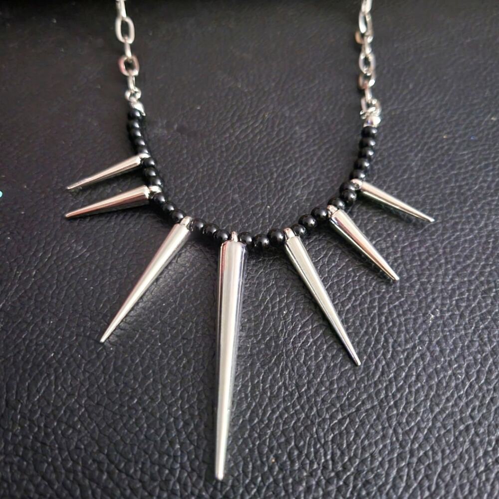 Silver & black spiked beaded gothic necklace